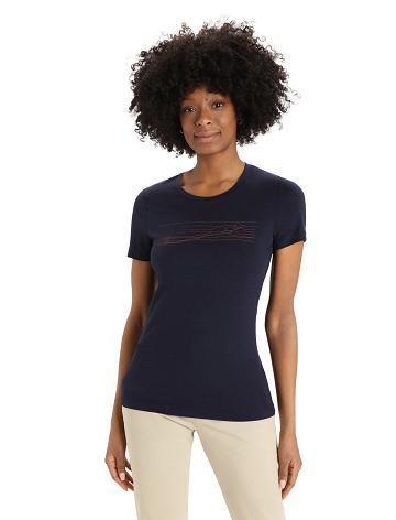 Midnight Navy Women's Icebreaker Merino Tech Lite II Short Sleeve Ski Stripes T Shirts | USA 1591AHKP